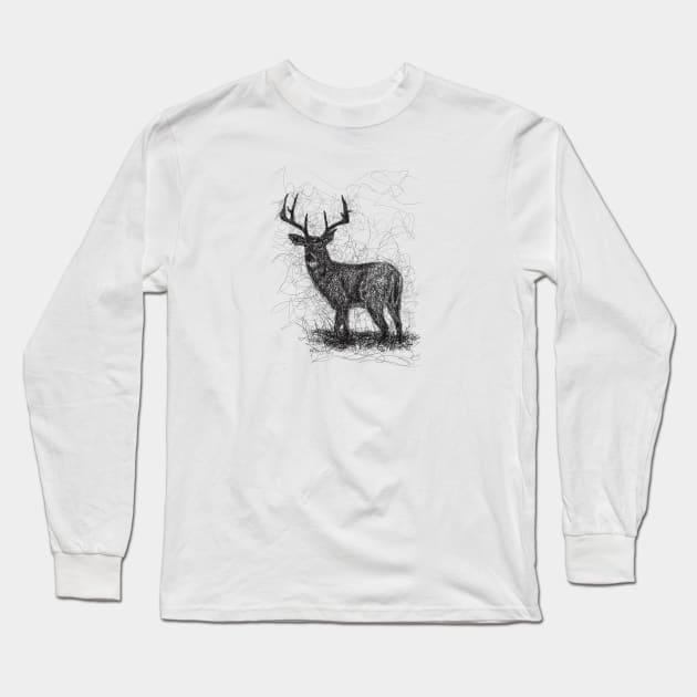 Deer Buck With Antlers Drawing Long Sleeve T-Shirt by CunninghamWatercolors